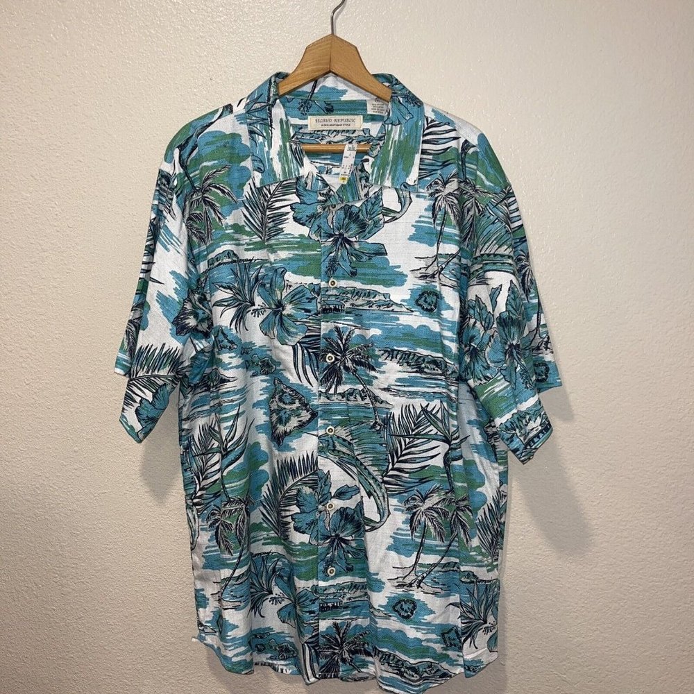 Island Republic Hawaiian Shirt Mens 2XL Green Blue Floral Tropical Short Sleeve